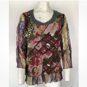 Vintage Y2K Alberto Makali Sz L Mesh Leapord Print Bead Ruffle Top Multicolor